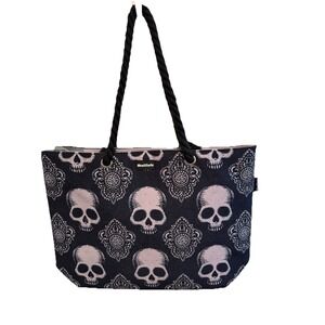 Skullistic Skull Tote Bag Blk Goth Rope Handles Zip Top Lined NWOT